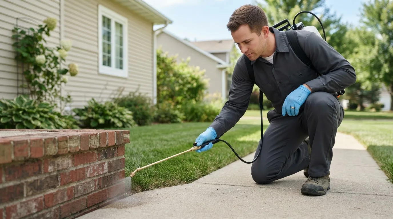 Pest control technician treating a home near Du Pont, GA
